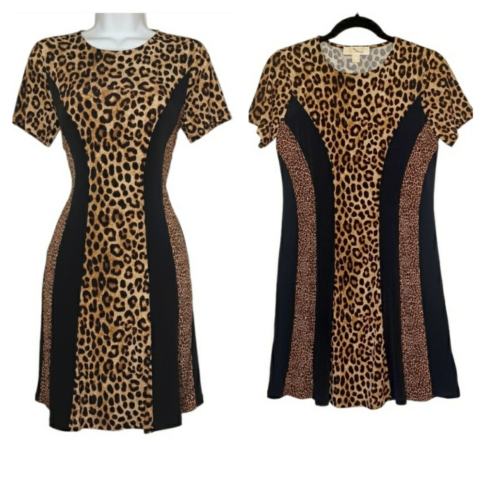 MICHAEL MICHAEL KORS Brown Animal Print Black Stripe Short Sleeve Dress Small